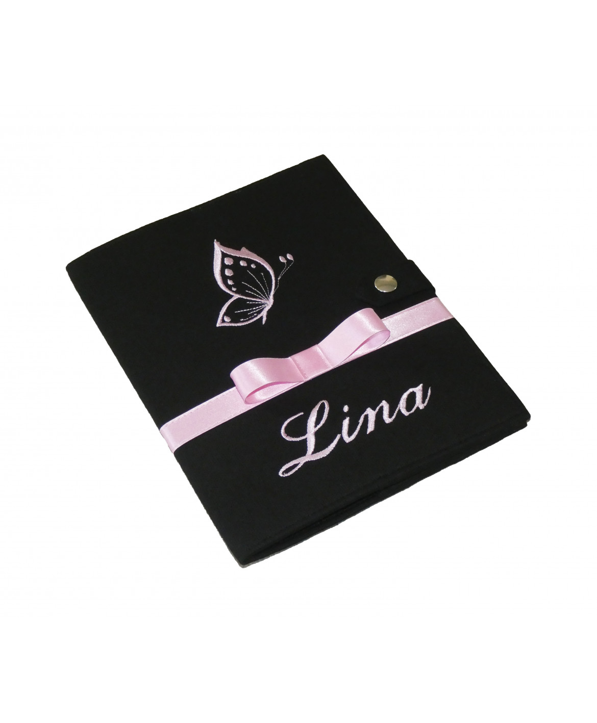 Protège carnet de santé rigide personnalisé noir - papillon rose - Cadeau de naissance fille personnalisé