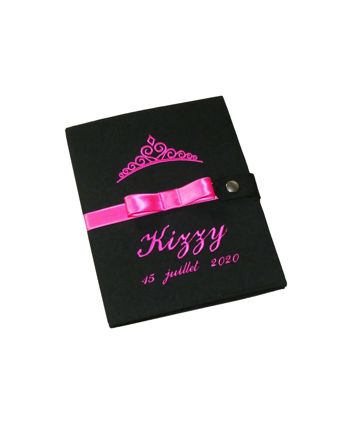 Protège carnet de santé rigide personnalisé noir - couronne - ruban fuchsia - fille