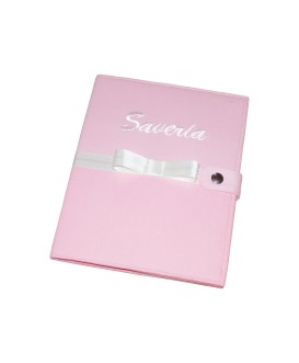 Protège carnet de santé personnalisé rigide rose - ruban blanc - Cadeau de naissance fille personnalisé