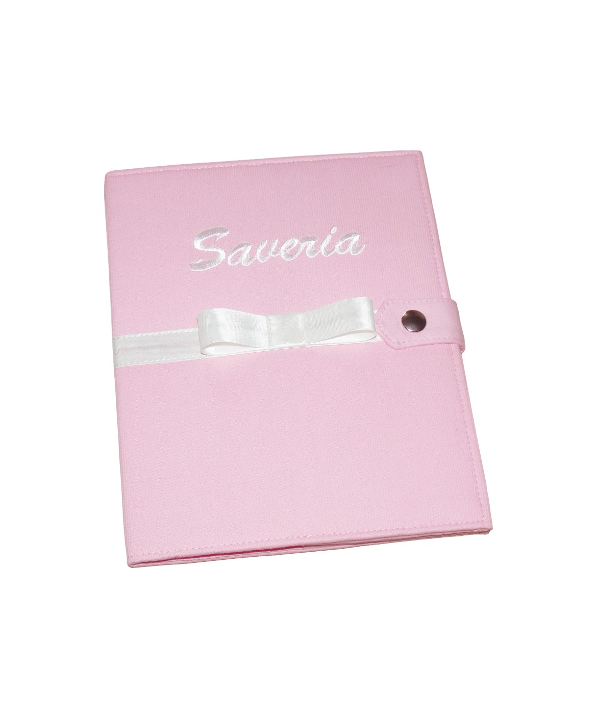 Protège carnet de santé personnalisé rigide rose - ruban blanc - Cadeau de naissance fille personnalisé