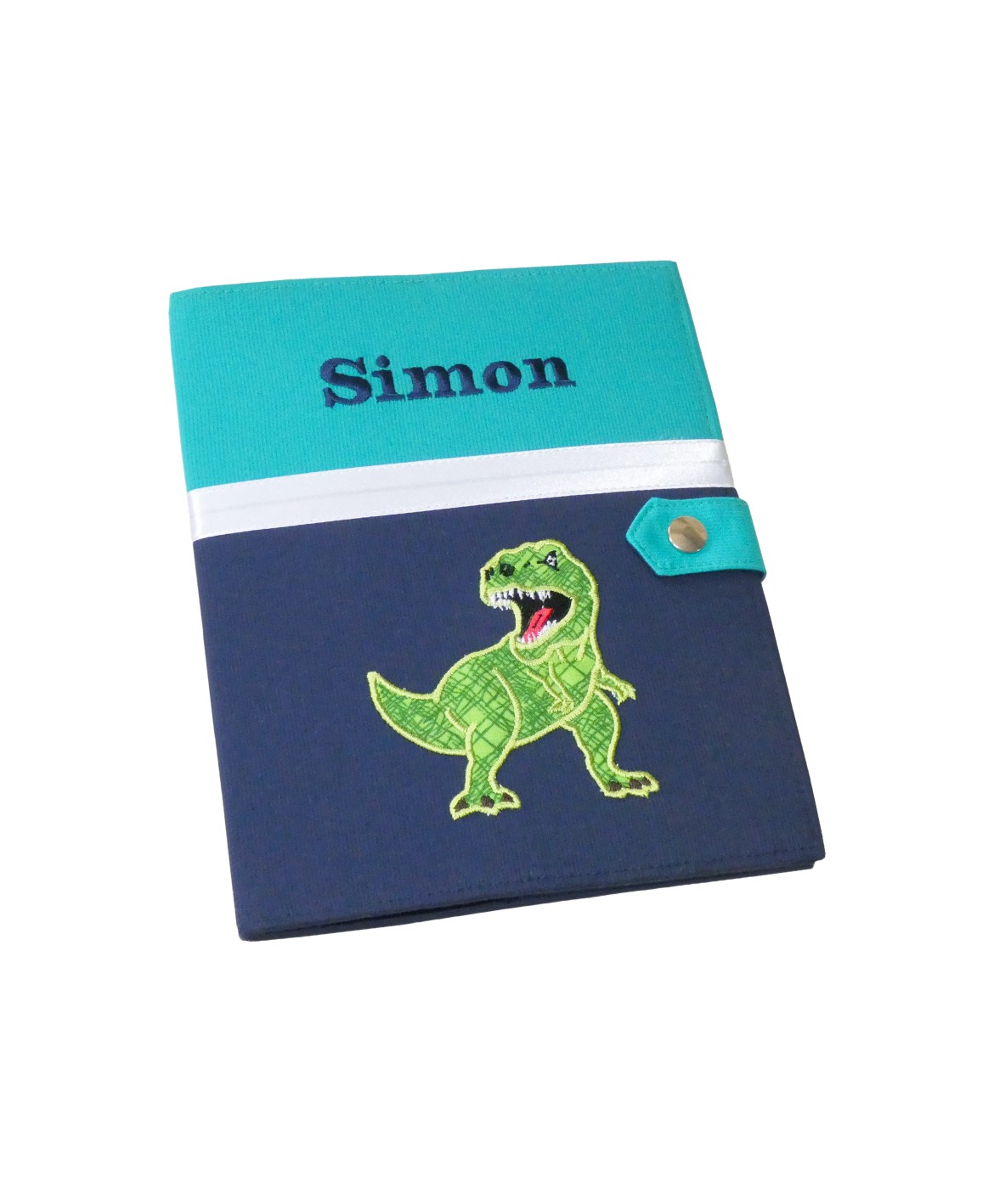Protège carnet de santé rigide personnalisé - vert et bleu - thème dinosaure - Cadeau de naissance garçon