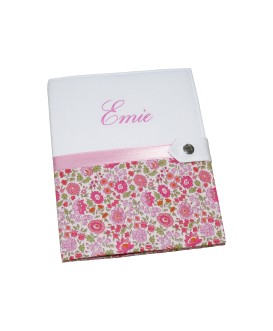 Protège carnet de santé rigide  personnalisé blanc et liberty rose - Cadeau de naissance personnalisé