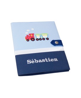 Protège carnet de santé garçon rigide personnalisé - petit train - bleu