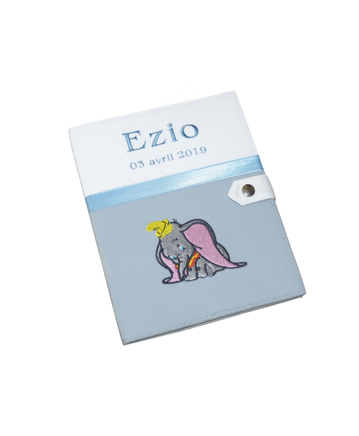 Protège carnet de santé rigide blanc et gris personnalisé - Eléphant Dumbo - Cadeau de naissance garçon