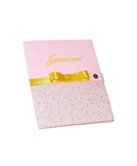 Protège carnet de santé rigide personnalisé rose et pois dorés - Cadeau de naissance fille personnalisé