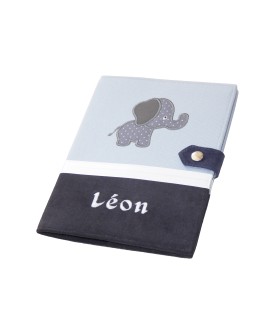 Protège carnet de santé rigide personnalisé gris et anthracite - Thème éléphant - Cadeau de naissance personnalisé