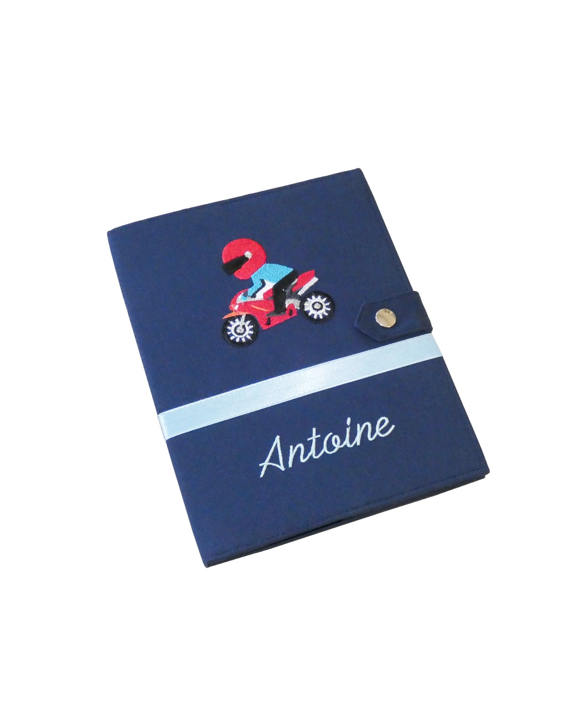 Protège carnet de santé rigide personnalisé - bleu marine - moto - Cadeau de naissance garçon