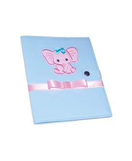 Protège carnet de santé rigide personnalisé - bleu ciel - bébé éléphant rose - Cadeau de naissance fille