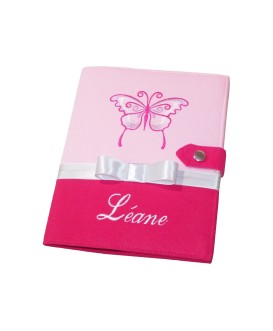 Protège carnet de santé rigide personnalisé rose et fuchsia - thème papillon - Cadeau de naissance fille personnalisé