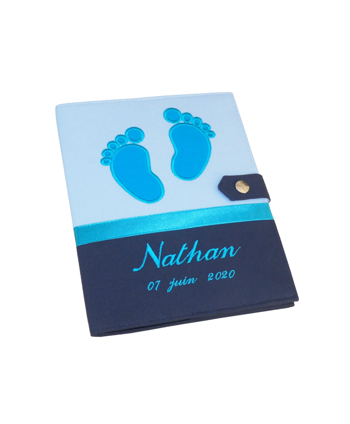 Protège carnet de santé garçon personnalisé rigide - baby feet - bleu - turquoise - cadeau de naissance personnalisé