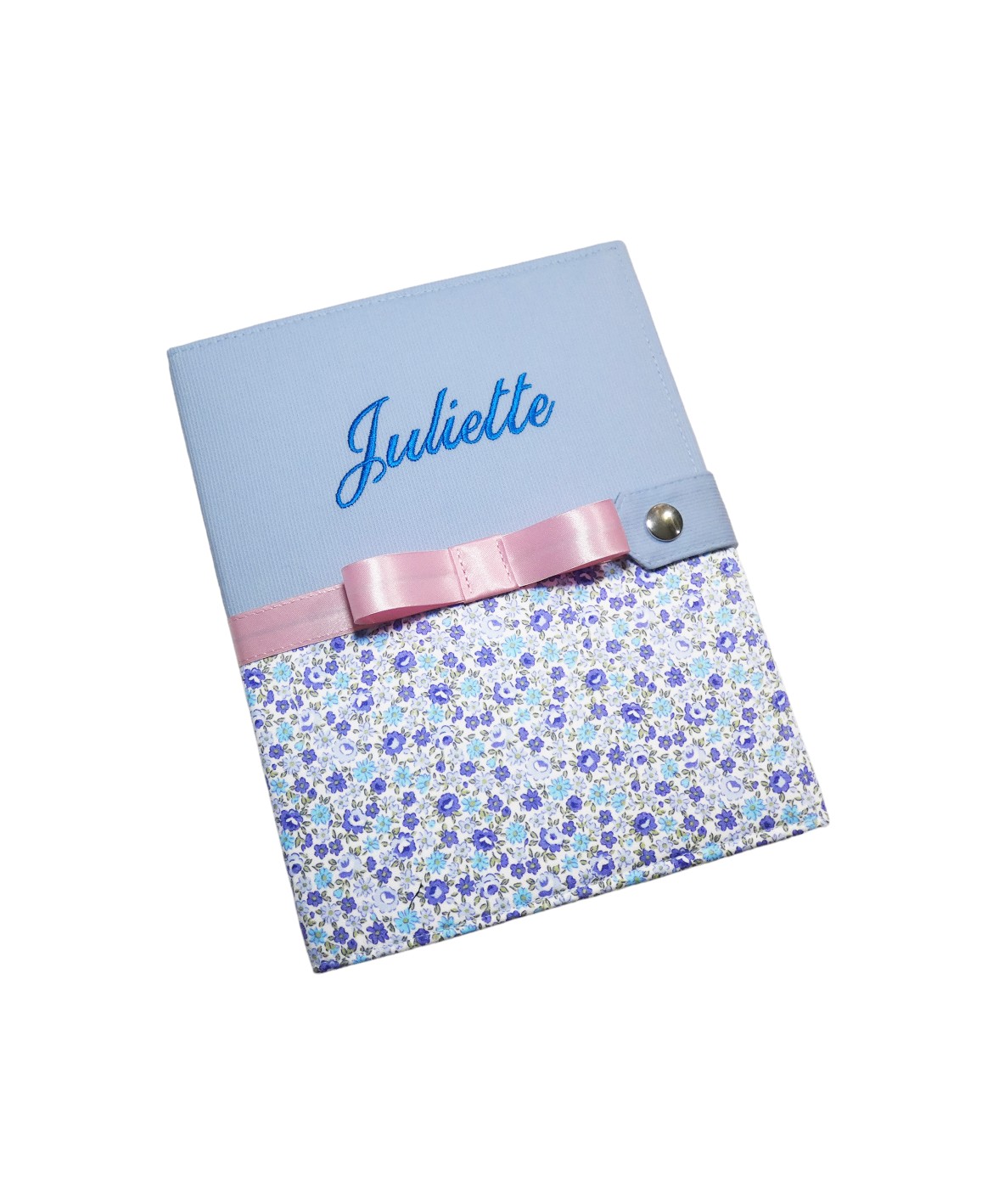 Protège carnet de santé rigide personnalisé - Fleurs bleues - Cadeau de naissance fille personnalisé