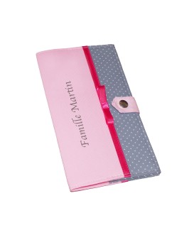 Protège livret de famille rigide - rose et pois gris - personnalisé - Cadeau de naissance personnalisé