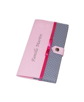 Protège livret de famille rigide - rose et pois gris - personnalisé - Cadeau de naissance personnalisé