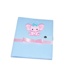 Protège carnet de santé rigide personnalisé - bleu ciel - bébé éléphant rose - Cadeau de naissance fille