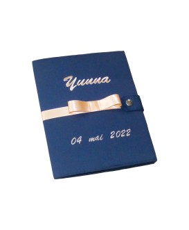 Protège carnet de santé personnalisé rigide bleu marine - ruban pêche - Cadeau de naissance fille personnalisé