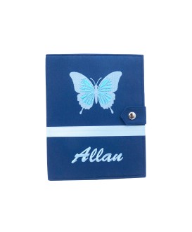 Protège carnet de santé rigide personnalisé - papillon bleu - bleu marine - Cadeau de naissance garçon