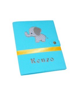 Protège carnet de santé rigide personnalisé - thème éléphant - bleu turquoise