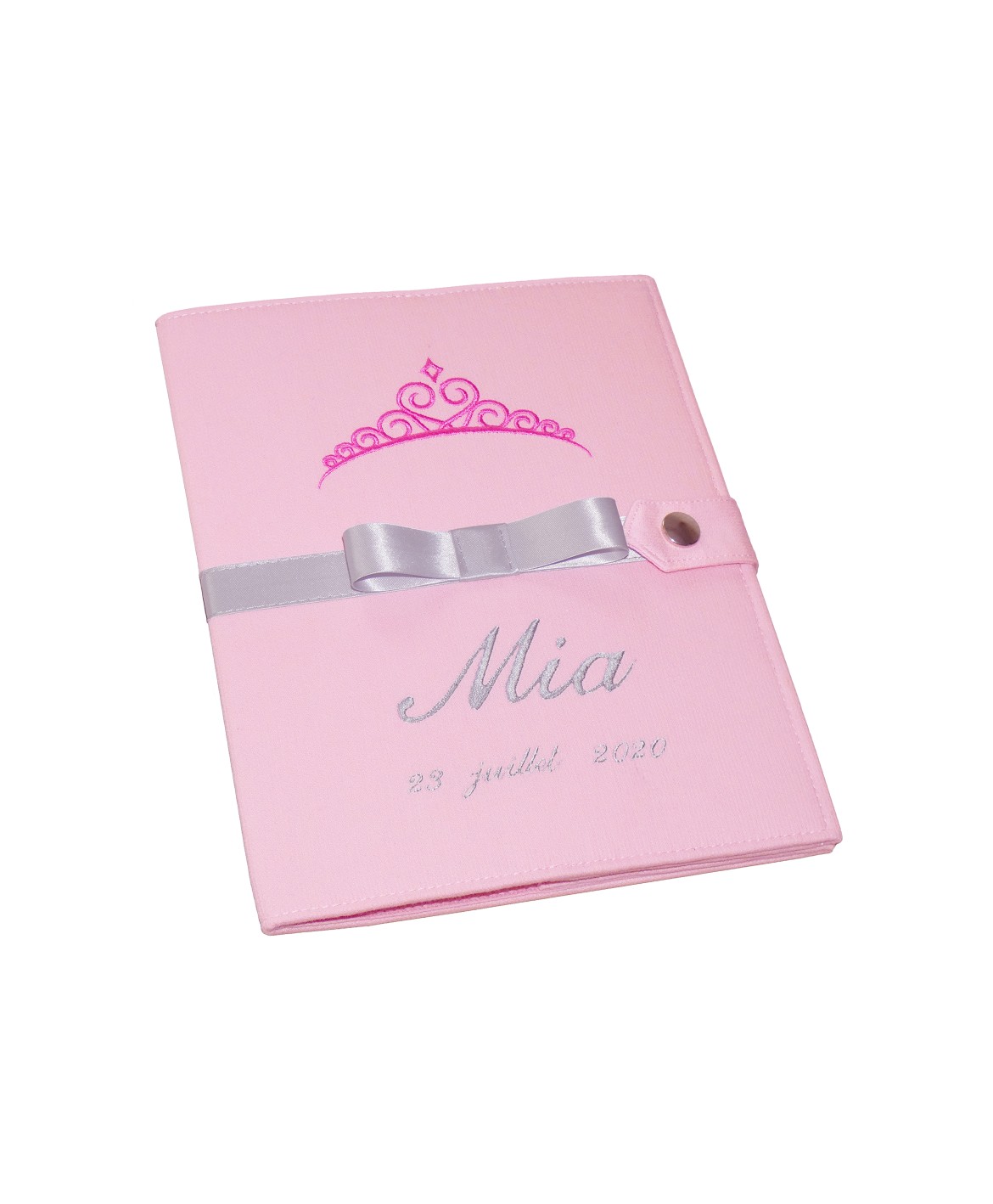 Protège carnet de santé rigide personnalisé rose - couronne - ruban gris - fille