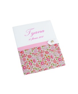 Protège carnet de santé rigide personnalisé blanc et liberty rose - Cadeau de naissance personnalisé