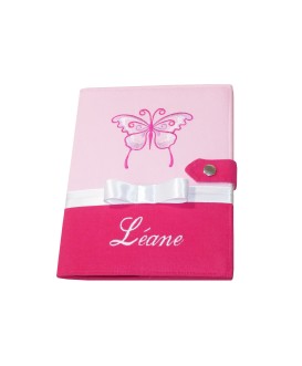 Protège carnet de santé rigide personnalisé rose et fuchsia - thème papillon - Cadeau de naissance fille personnalisé