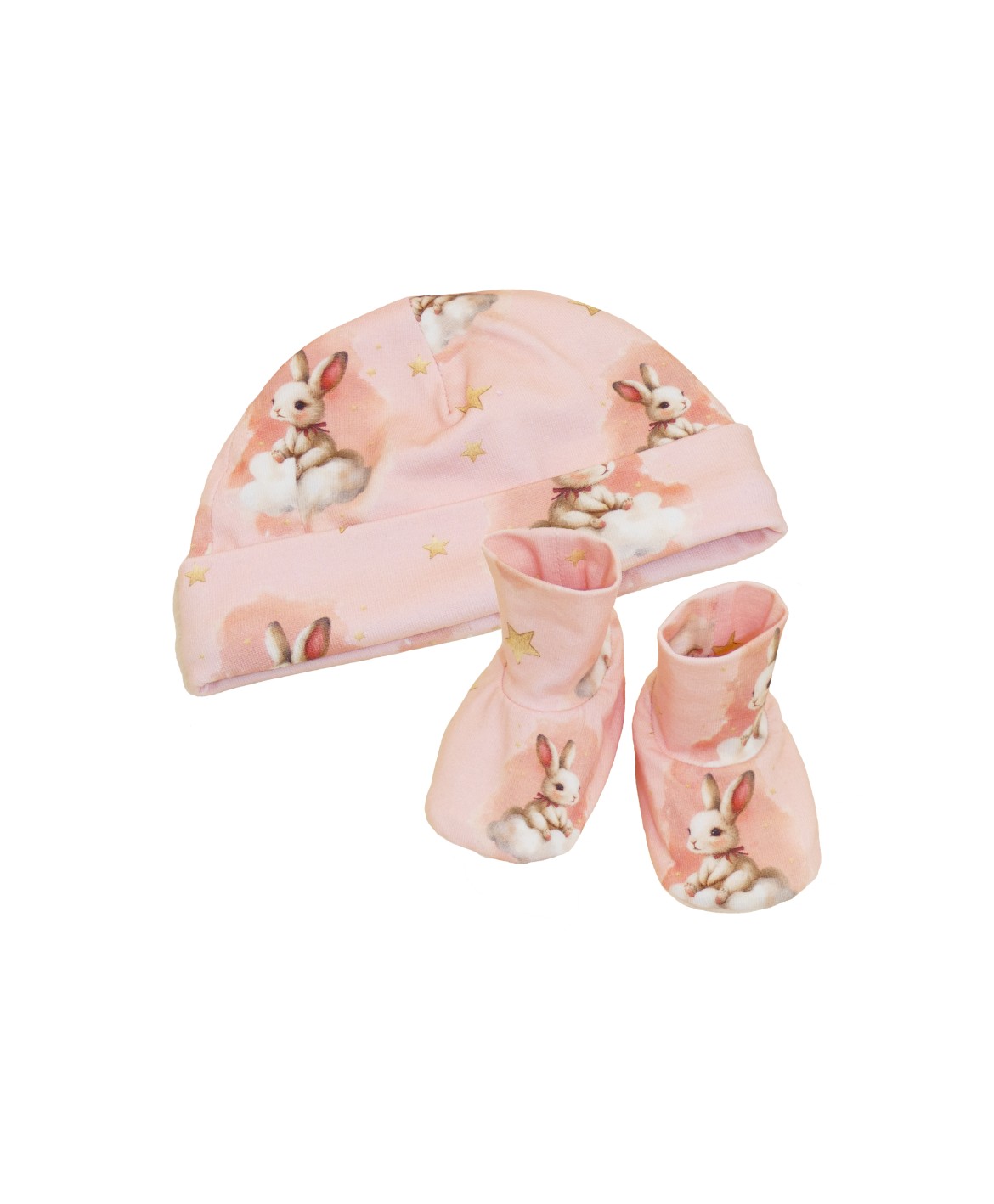 Ensemble bonnet et chaussons bébé naissance - lapin - rose