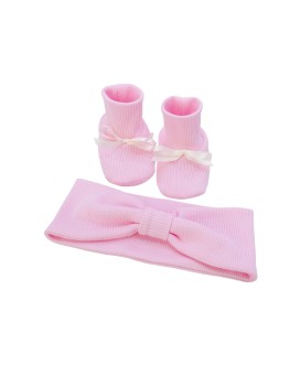 Ensemble ruban et chaussons bébé naissance - rose - noeud